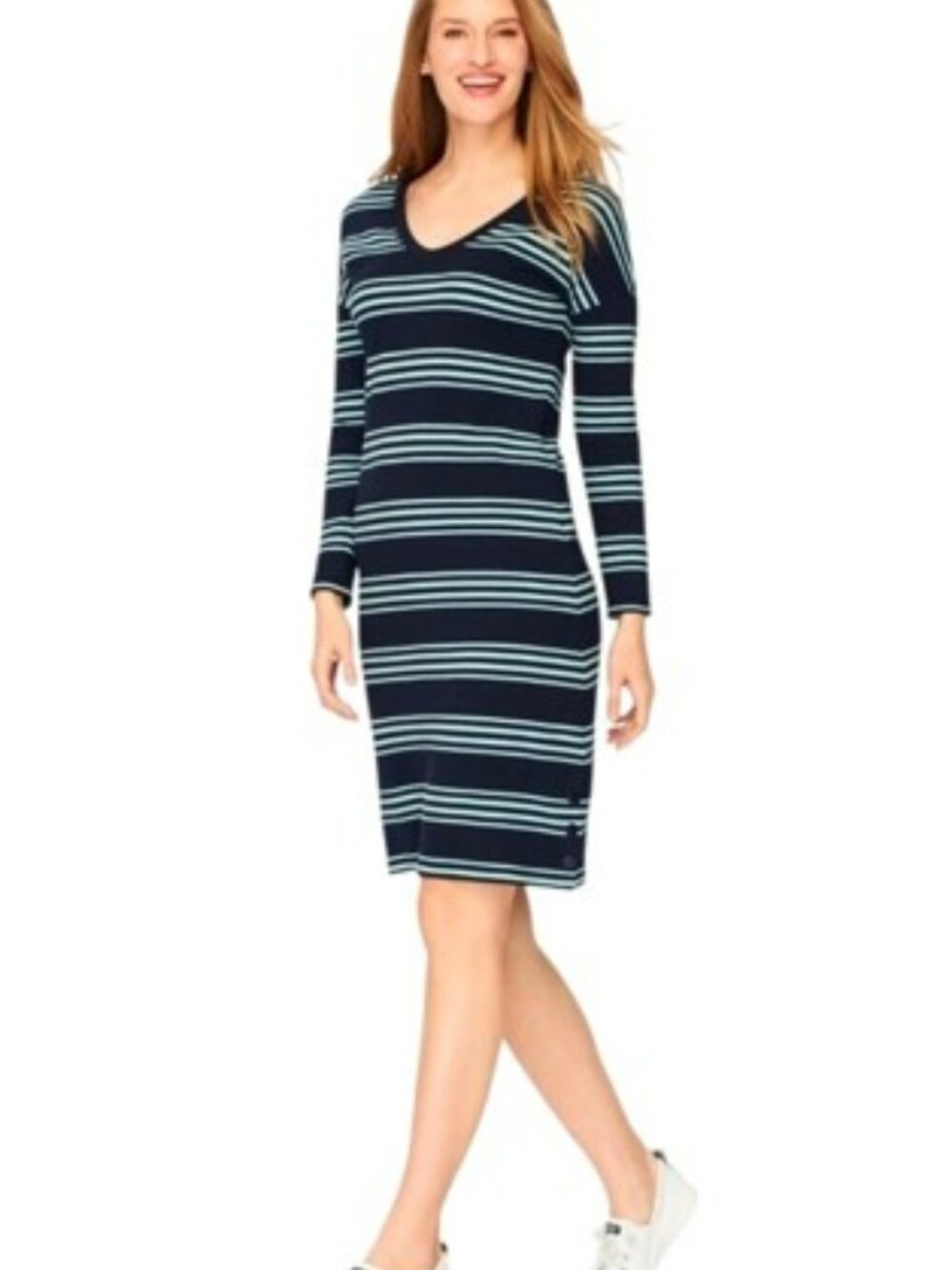 Talbots Women's Knee Length Dress Large Blue Striped Long Sleeves SPF Casual